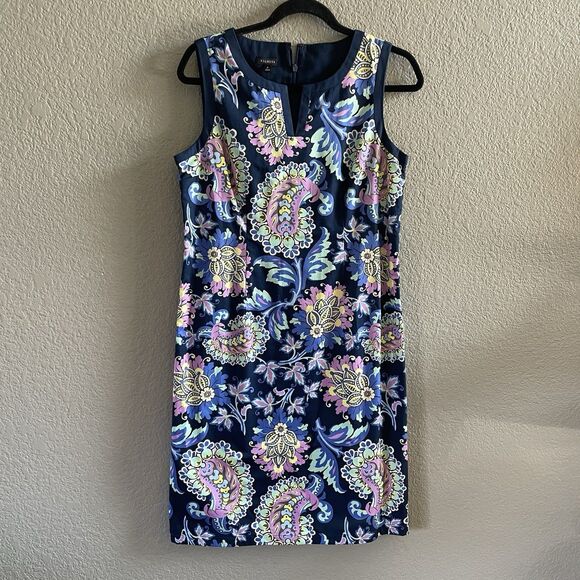 Talbots Shift Dress Womens 6 Blue Paisley Sleeveless Split Neck Cotton NWT - Picture 2 of 11